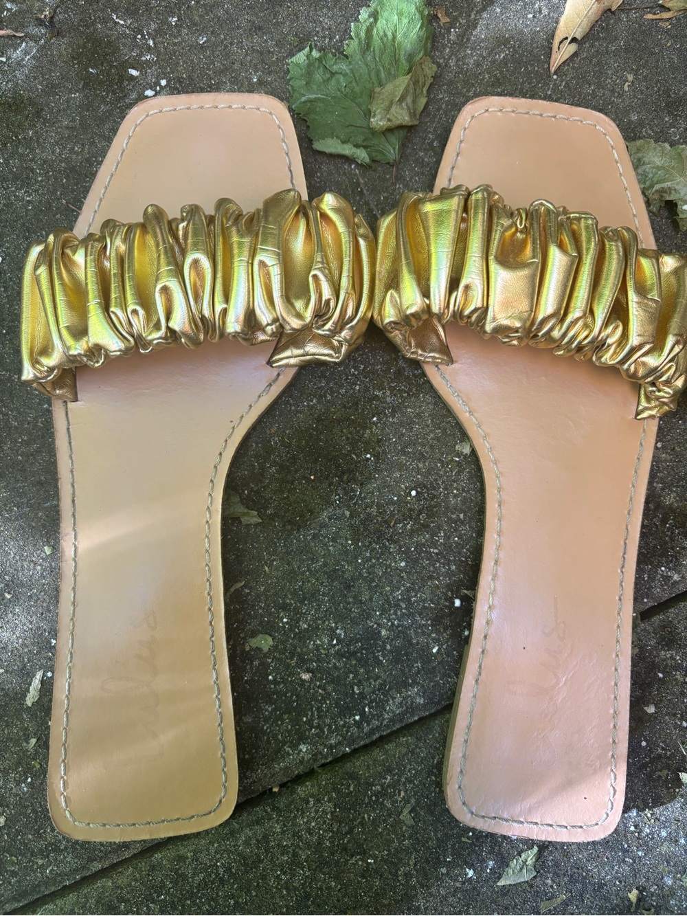 Lulu's Metallic Gold Ruched Slide Sandals - Picture 5 of 6